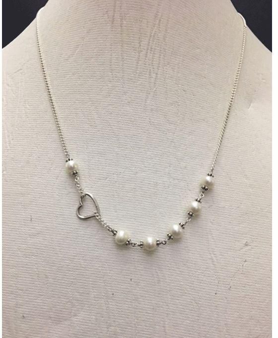Fares El-Ahgar El-Kareema Pearl Heart Necklace - Silver & White