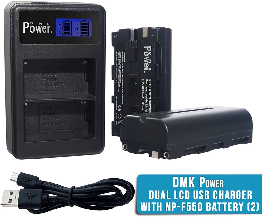 DMK Power NP-F550 Battery and Charger for Sony F750 F770 F550 F530 F330 F570 CCD-SC55 TR516 TR716 TR818 TR910 TR917 (2-Pack Battery with LCD Dual Slot Charger)