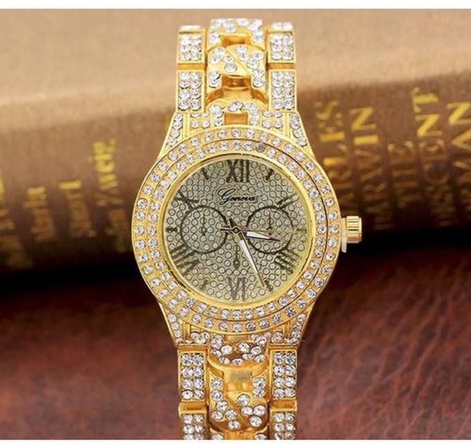 Geneva Elegant Gold-Plated Fully Studded Ice Gold Watch