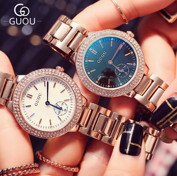 Blue Mirror Small Dial Fashion Diamond Gold Quartz Watch Temperament Ladies Steel Watch