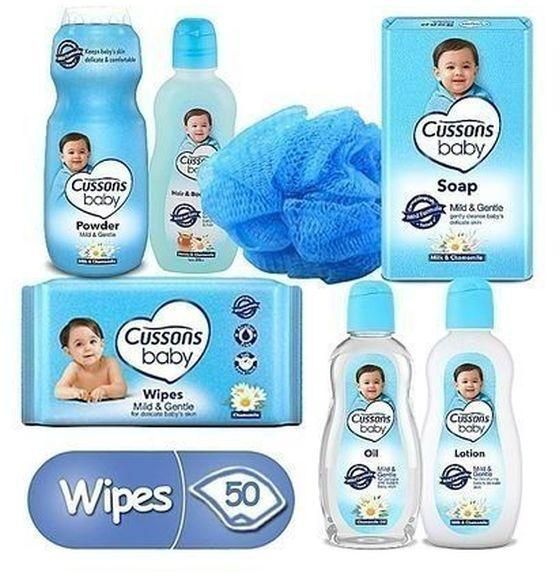 Cussons Mild & Gentle Baby Gift Set With FREE BABY WIPES (Large Pack Of 70g Bar Soap, 200ml Lotion, 200ml Oil, 50 Count Wipes, 200g Powder & Sponge)