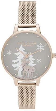 Olivia Burton Women's Grey & Trees & Wooden Effect Stag Dial Ionic Plated Pale Rose Gold Steel Watch - OB16AW01