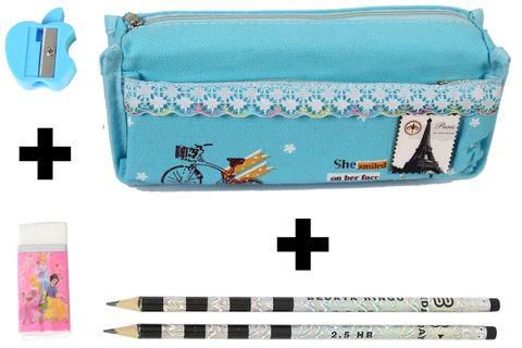 Generic Fabric Pencil Case – Blue + Sharpener + Rubber + 2 Pencils