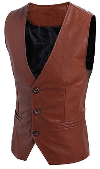 Bluelans Men's Fashion Simple Design Slim Fit Faux Leather Vest Waistcoat Jacket Coat-Light Brown
