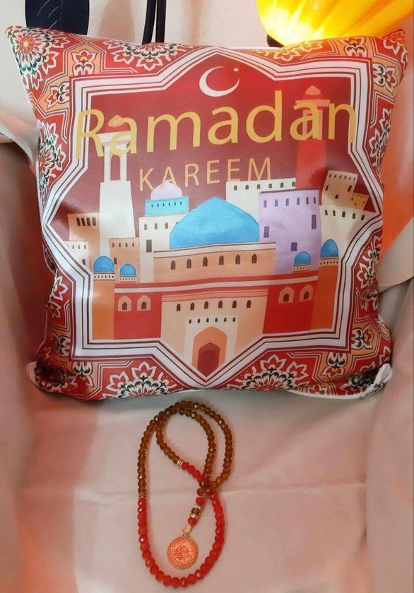 RA accessories Set Of Stan Cushion & Crystal Rosary Brown And Orange (Ramadan Gift)