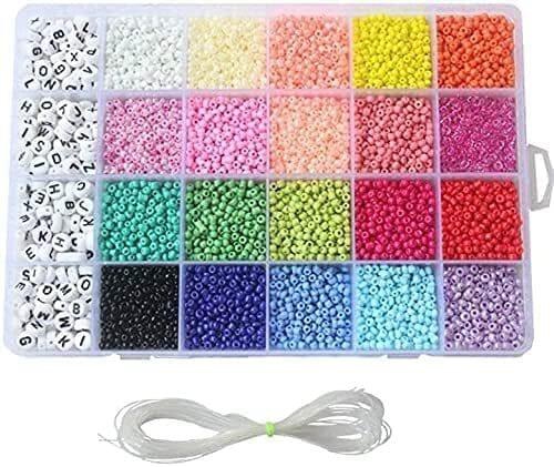 Seed Beads, 3300 PCS Letter Beads and Pony Beads 24-Grid Bead Kit Set Rope Mini Seed Beads Set for Jewelry Making Bracelet Beads Finding DIY Crafts Beading Needles for Jewelry Bracelet Making（4mm）