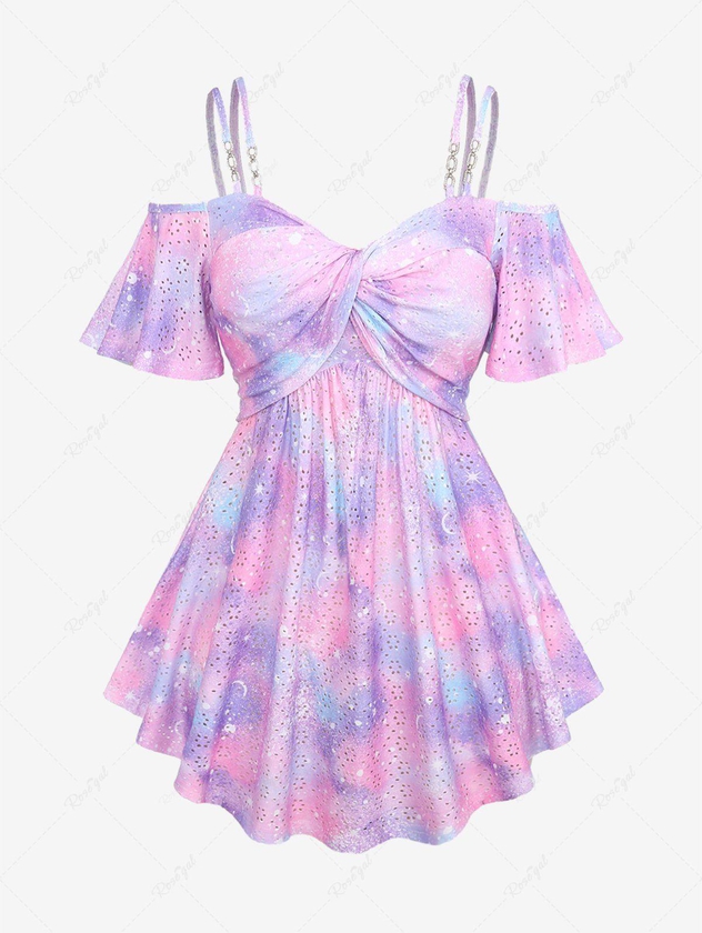 Plus Size Ombre Tie Dye Galaxy Moon Star Print Twist Chains Hollow Out Cold Shoulder Top - M | Us 10