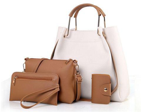 Fashion 4 in 1 Pu Leather Handbag Set - off White and Brown