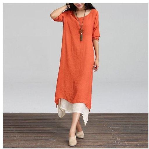 ZANZEA ZANZEA Cotton Linen Casual Long Maxi Kaftan Hippie Women Long Sleeve Dress Orange NEW