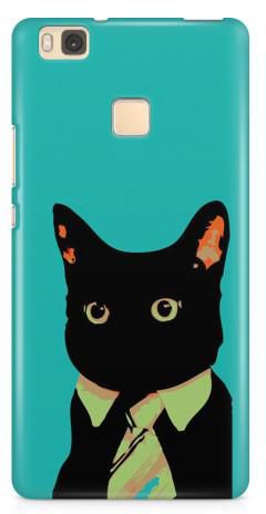 Smart Black Cat Green Tie Turquoise background Phone Case for Huawei P9 Lite
