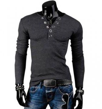 Men‘s Solid Button Slim T-shirt, V Neck Long Sleeve black m