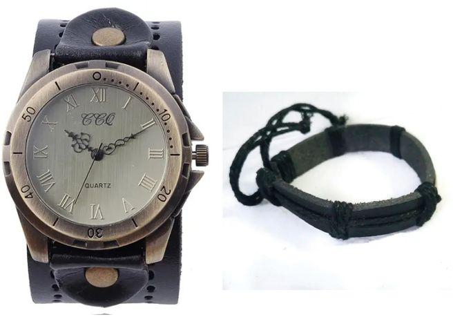 Ccq Mens Black Vintage Leather Watch + Leather Bracelet
