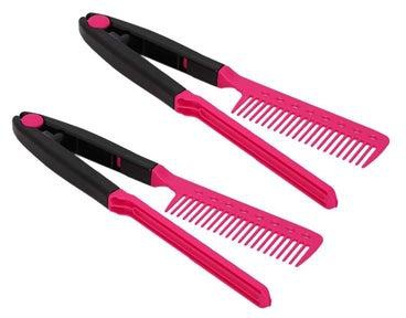 2-Piece V Shape Styling Hair Straightener Comb Pink/Black