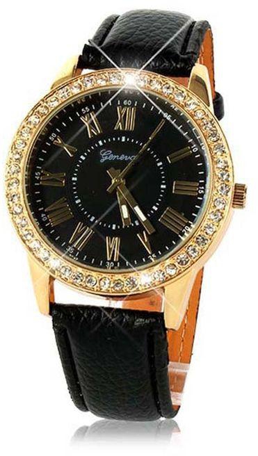 Duoya Bling Gold Crystal Women Luxury Leather Strap Quartz Wrist Watch -Black