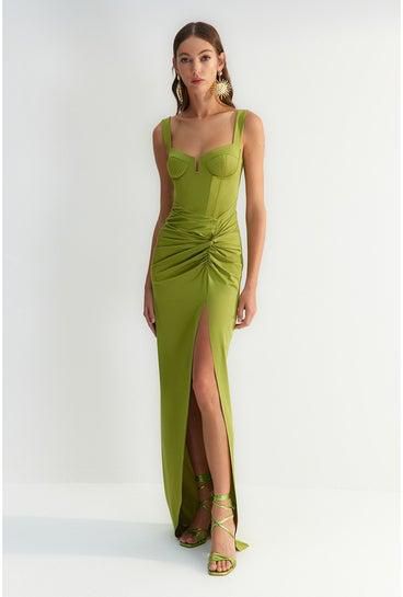 X Zeynep Tosun Light Green Fitted Evening Dress & Prom Dress with Stitching Detail TCLSS23AE00010