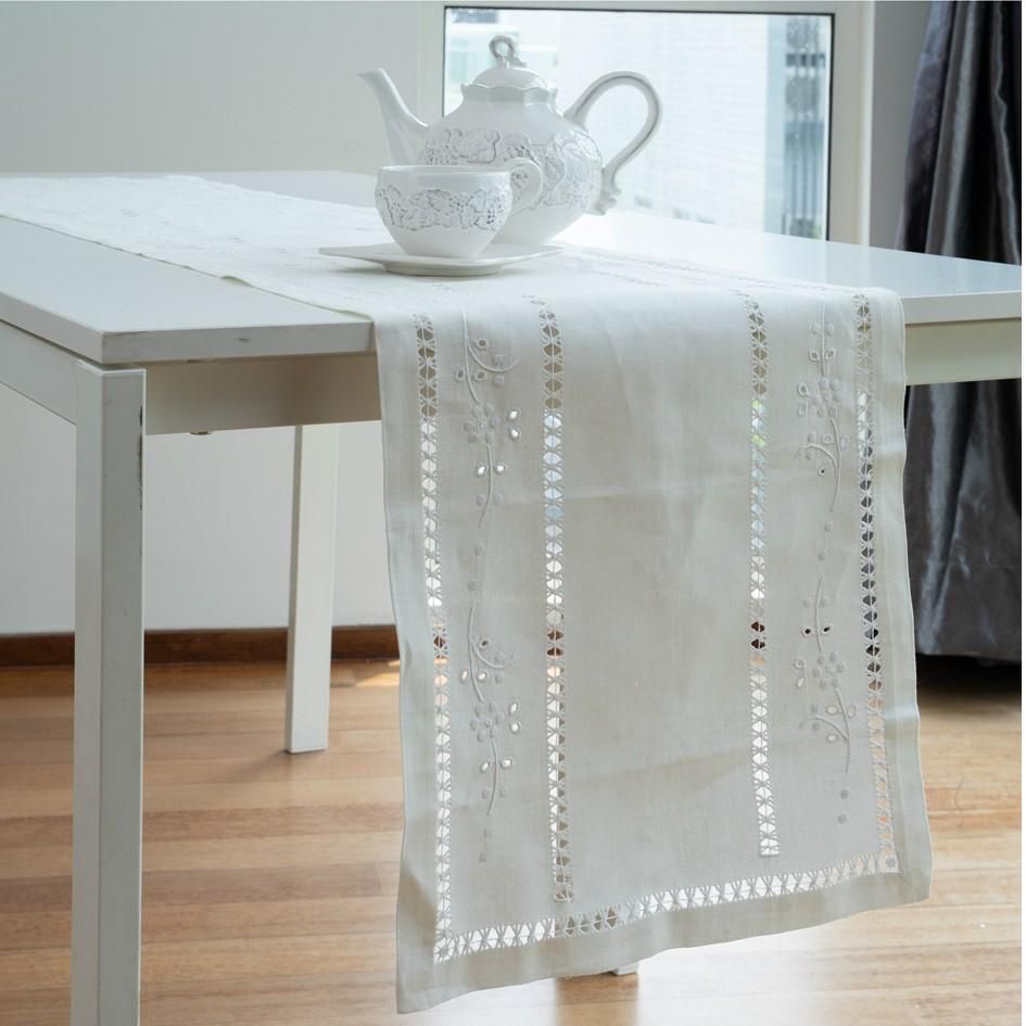 Lace Embroidery Hand Linen With Hemstitching Table Runner (Beige)