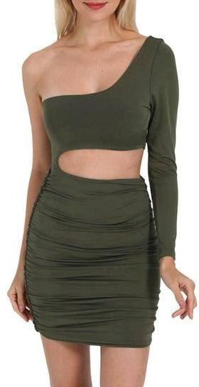 Cut Out Ruched Bodycon Dress Army Green