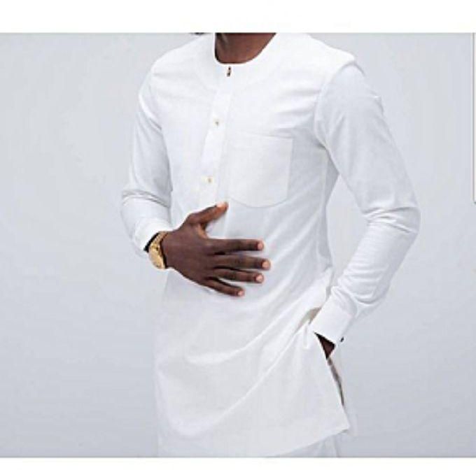 Men's, White Flap Pin Button Neck, Long Sleeves Cuff Hand