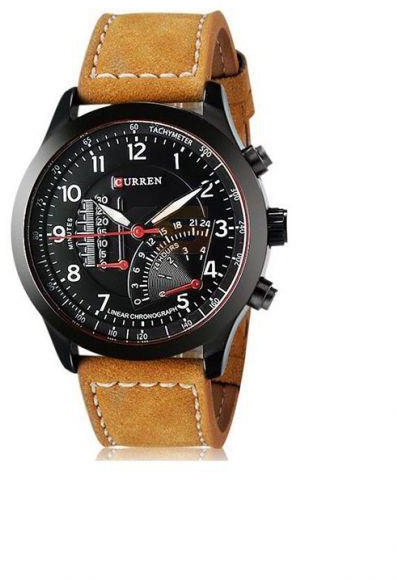 Curren 8152 Men's Quartz Analog Watch With Faux Leather Strap - Black and Brown Face