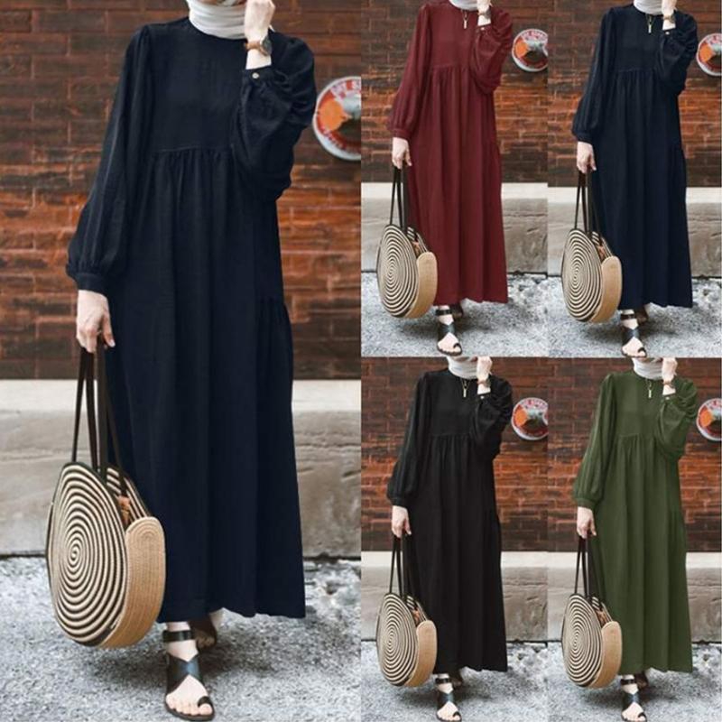 Muslimah Round Neck Lantern Sleeves Loose Dress - 4 Sizes (4 Colors)
