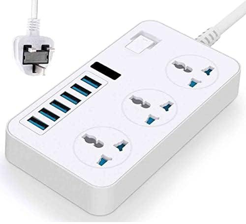 RUQIWEMI Universal Extension Lead Power Strip Plug Adapter with 3 Way 2m Cable 6 USB Ports Surge Protector, Built-in Fuse, UK Plug Cable Cord (White/T09/2m)