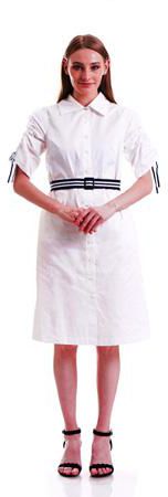 Cotton Button Short Pleated Sleeve Midi Dress - Size: XL (Ecru)