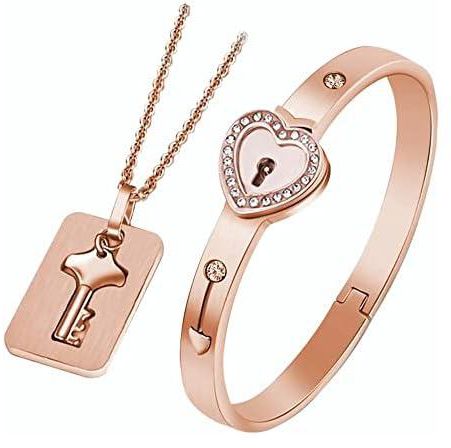 Heart Lock Bracelet and Key Pendant Necklace, Valentine's Day, Christmas, Birthday Gift Box for Both Men, Women