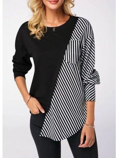 Women's black striped blouse with long sleeves and a round neck.
