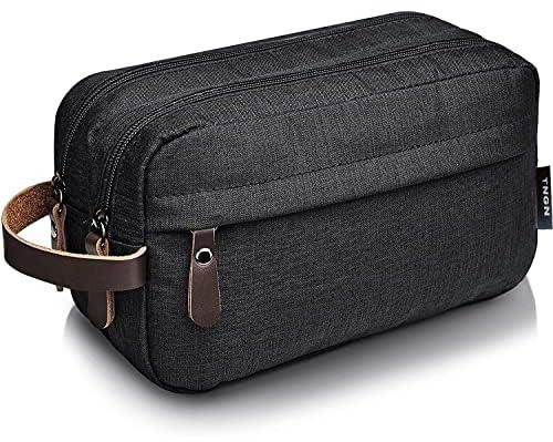TNGN Travel Toiletry Bag Canvas Leather Cosmetic Makeup Organizer Shaving Dopp Kits with Double Compartments for men and women (Black)