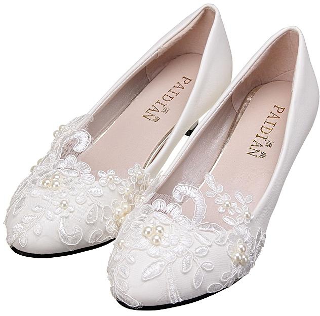 Fashion Women White Ivory Lace Wedding Shoes Bridal Bridesmades Flats Low High Heel Pump