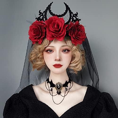Masquerade Mask, Set of Halloween Headband, Choker Dark Gothic Vintage Style Headband Black Lace Baroque Queen Crown Moon Red Rose With Gauze Mesh Hair Bands Set, Ball Party Masquerade and Cosplay