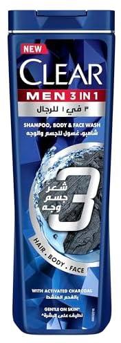 Clear Men Complete Care 3in1 Shampoo For Hair, Face & Body With Activated Charcoal for 100% dandruff free hair and moisturized skin, 400ml