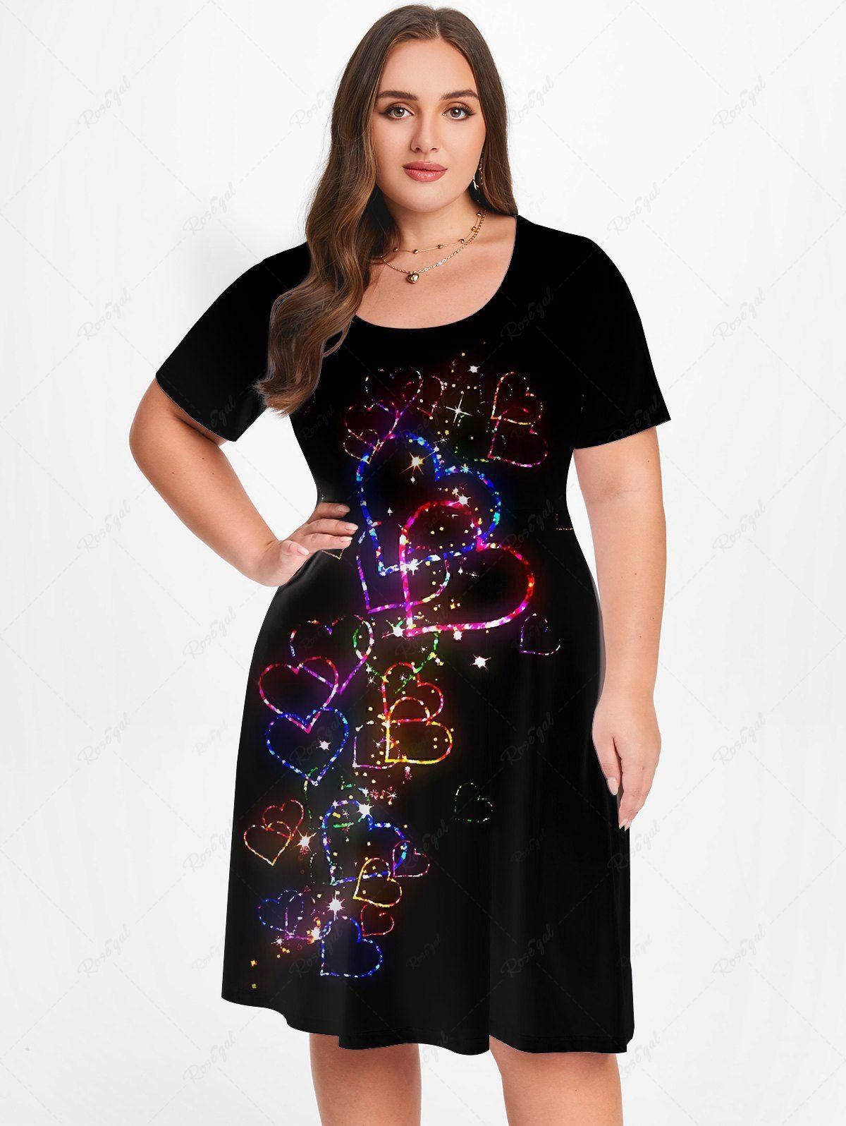 Plus Size Valentines 3D Sparkles Heart Printed Short Sleeves A Line Dress - 5x | Us 30-32