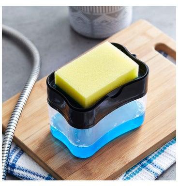 Soap Dispenser And Sponge Holder With Sponge Clear/Black/Yellow 13.8x9x10cm