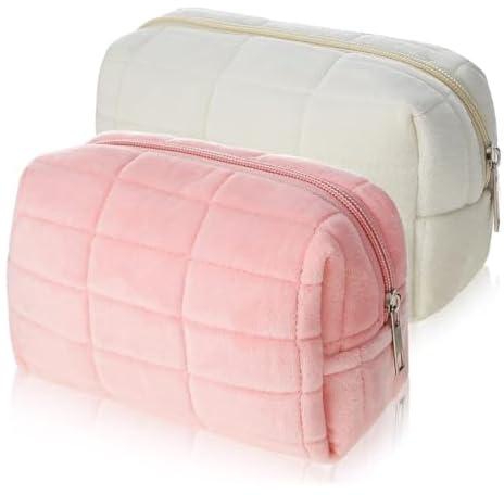 2Pcs Plush Makeup Bag Cosmetic Bag for Women,Zipper Large Solid Color Travel Toiletry Bag Travel Make Up Toiletry Bag Washing Pouch,Pink+White