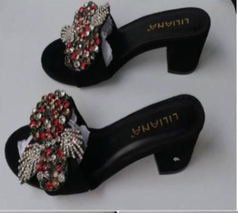 Female Fashion Low Block Heeled Slippers With Exquisite Stones-Black