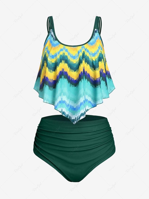 Plus Size & Curve Ruffled Overlay Wave Print Ruched Tankini Swimsuit - 5x