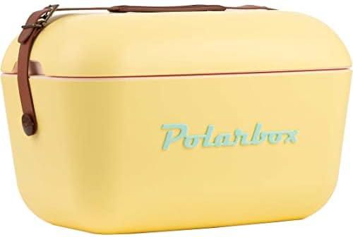 Polarbox 12L Classic Cooler Box with Leather Strap, Yellow & Cyan | Rigid Thermal Insulated Ice Box for Beach, Picnic & Party | Convertible Lid & Polypropylene Insulation