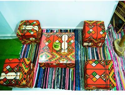 From Egypt Antiques, a set of red modern poufs in Arabic style, completely handmade, 4 poufs + a table
