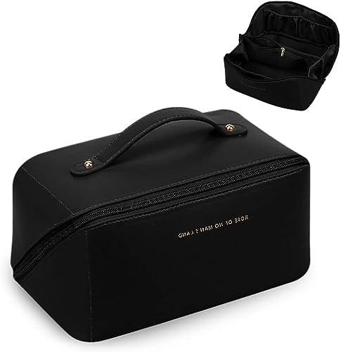 Pretocter PU Leather Makeup Bag Large Capacity Travel Cosmetic Bag with Handle Portable Waterproof Toiletry Bag Makeup Tools Organizer Case Cosmetic Organizer for Women Girls Travel Essentials