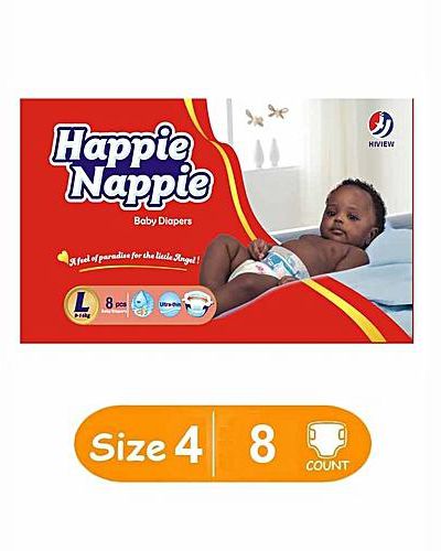 Happie Nappie Baby Diapers - Large: Size 4 (9-16Kgs) - Count 8 Diapers