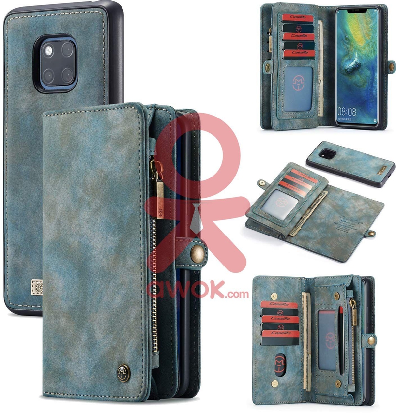 CaseMe Premium Zipper Purse Wallet Detachable Magnetic Case Flip Credit Card Slots Soft Surface Case For Huawei Mate 20 Pro, Light Blue