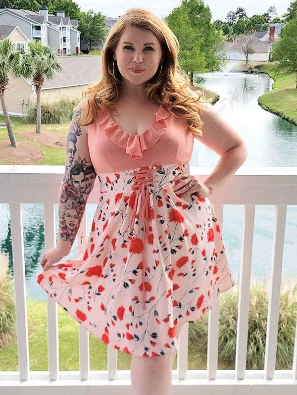 Plus Size Lace Up Ruffled Floral Print Sleeveless Dress - 1x | Us 14-16