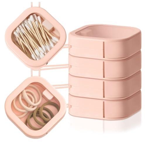 HOUSLET 1 Pcs Portable Hair Accessory Storage Containers,Stackable Hair Tie Holder Bobby Pin Holder Cotton Swab Dispenser Hair Accessories Organizer Box (Pink)