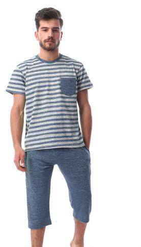 Andora Striped Short Sleeves Tee With Pantacourt - Navy Blue & Grey