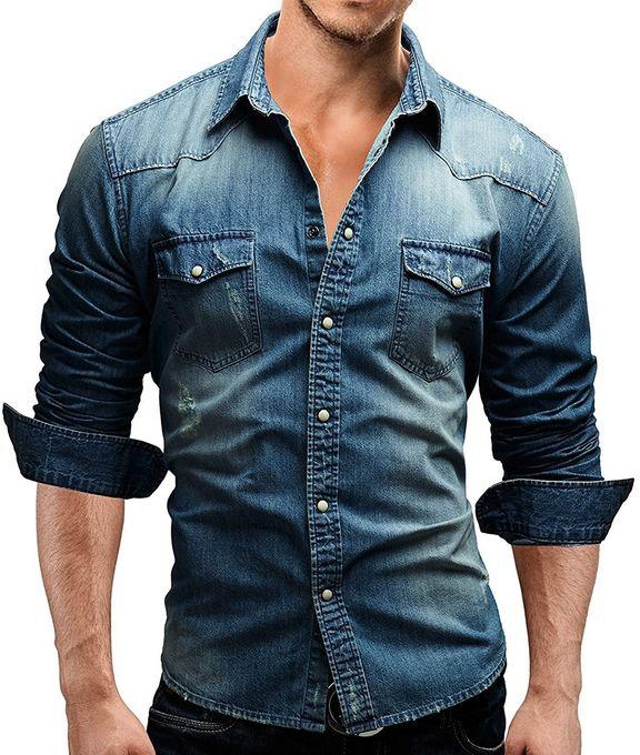 Bluelans Fashion Long Sleeve Slim Fit Lapel Collar Pockets Denim Shirt Casual Men's Top-Blue