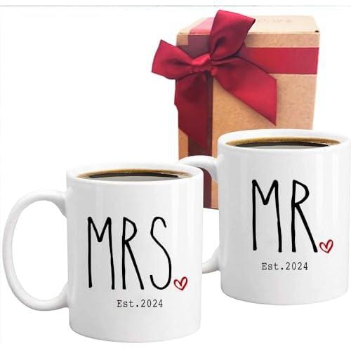 SUUURA-OO Mr & Mrs Est 2023 Coffee Mugs, Novelty Funny Wedding Gifts Mugs Set of 2, Engagement Gift for Bride Groom His Hers Couples Wife Husband Newlyweds, Prospective Newlyweds Mugs Gift-47