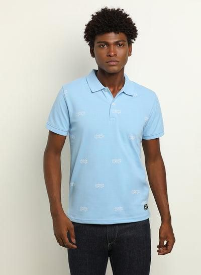 Printed Slim Fit Collared Neck Polo Sky Blue