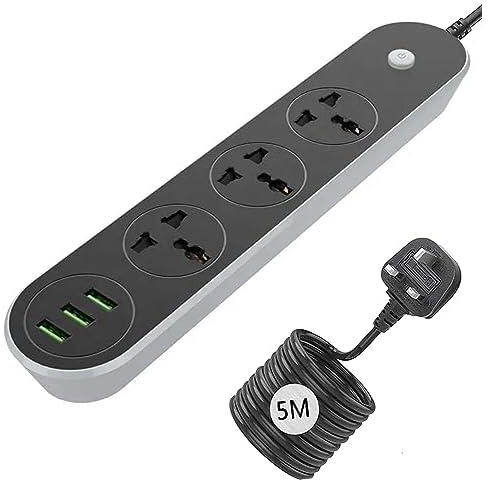 ELONSEY Universal Power Extension Cord 5 Meter, Power Strip with 3 Power Sockets and 3 USB Slots, Extension Lead 5 meter - Black (3 Socket + 3 USB)