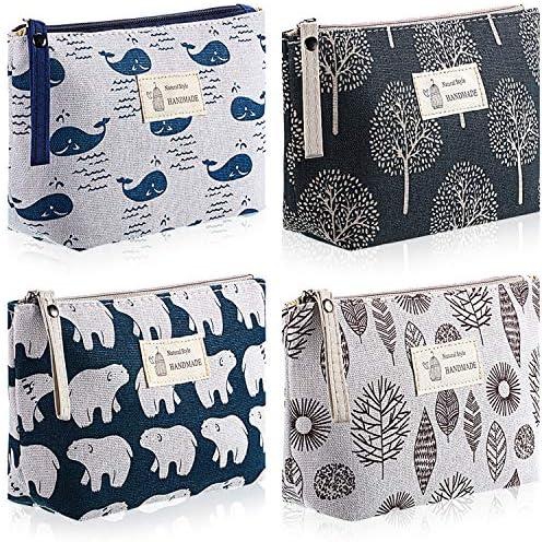 Boao 4 Pieces Canvas Cosmetic Bags Set Printed Makeup Bags with Zipper Multi-Functional Canvas Travel Pouch for Women Girls Vacation Travel Toiletry Bag, 4 Styles (Whale, Bear, Tree, Leave)